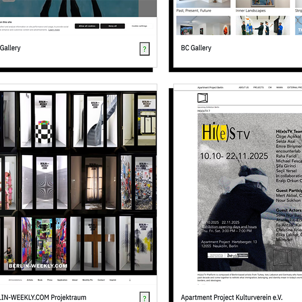 Screenshot of berlinartgalleries.de homepage showing gallery directory