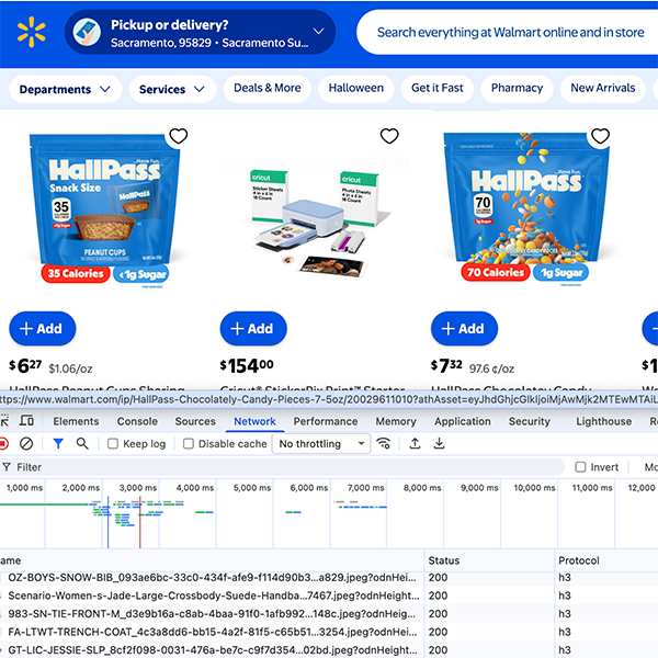 Walmart website with browser developer tools showing network requests